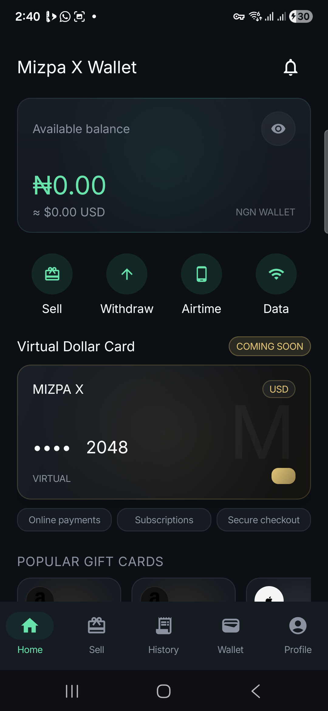 Mizpa X Wallet home screen