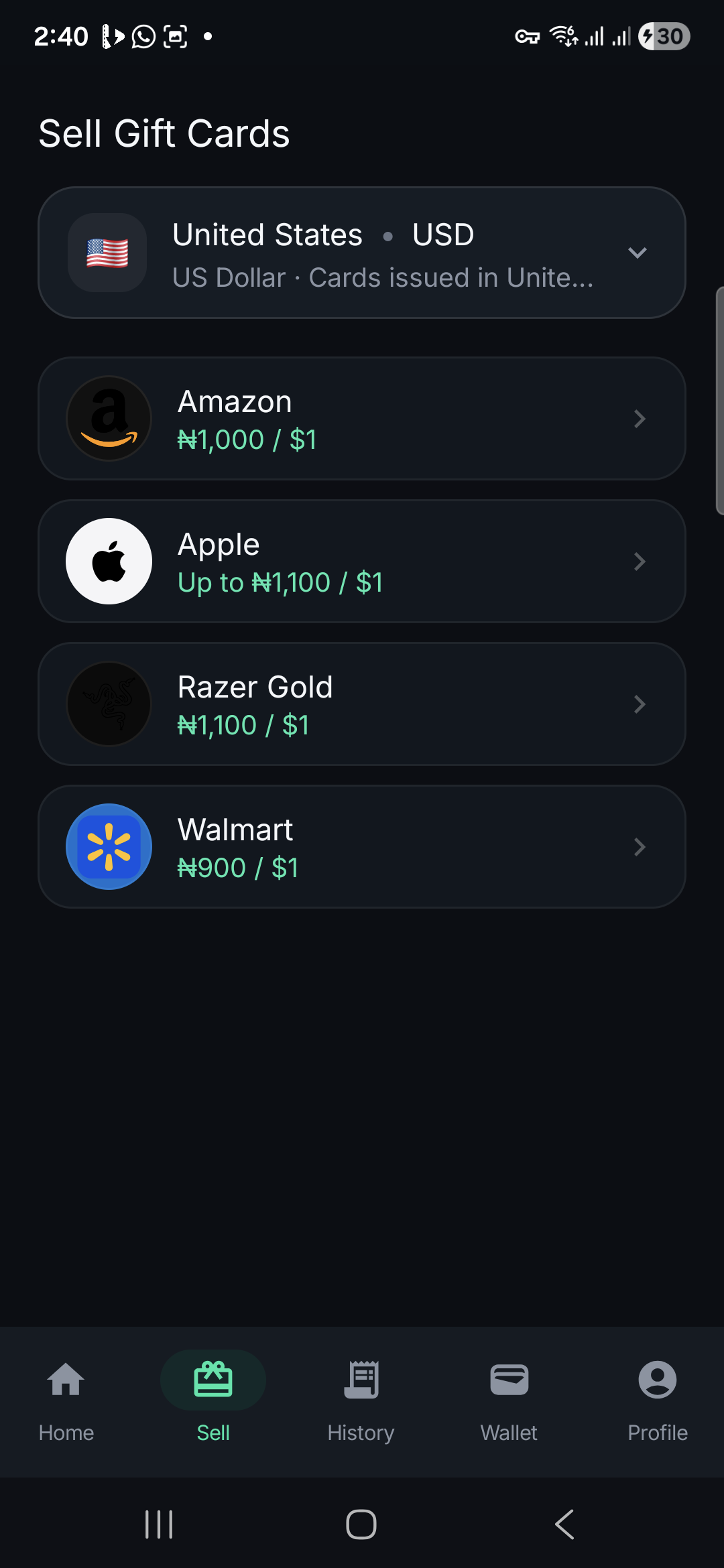 Mizpa X gift card rates screen