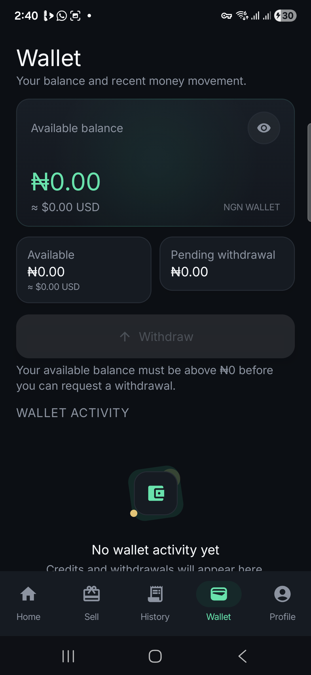 Mizpa X wallet screen